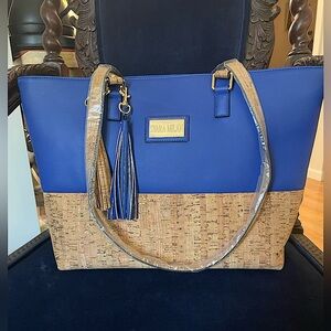 Syara Milan Tote Bag, NEW, combination of blue vegan leather & cork material